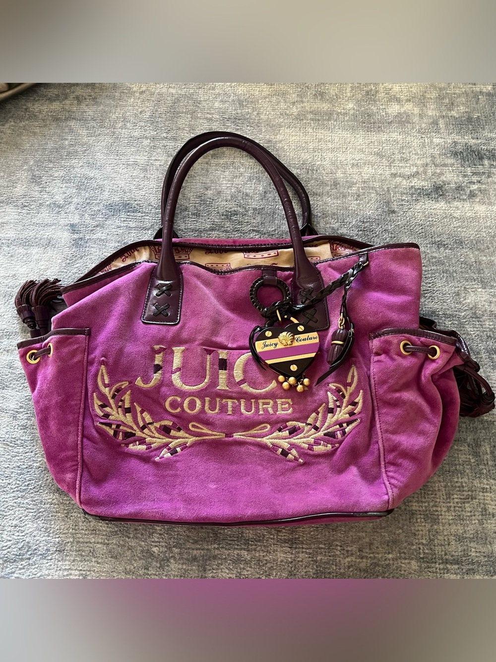 Juicy Couture Fuchsia Suede Tote with Gold Embroidery and Charm
